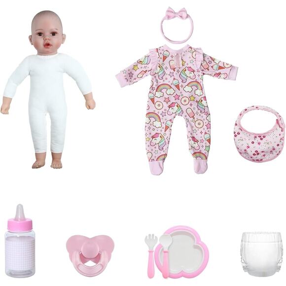 Realistic Reborn Baby Doll Girl 18 Inch Soft Body Brown Eyes Pink Outfit Gift - Picture 3 of 9